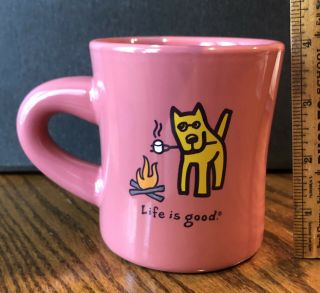 Life Is Good Coffee Mug.  Dog,  Camp Fire.  Coral Color.  No Chips Or Scratches