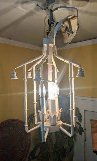 Vtg Faux Bamboo Tole Pagoda Style Metal Chandelier