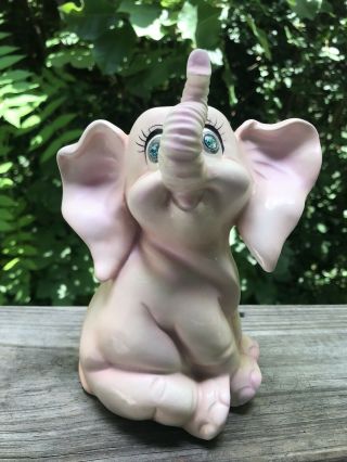 Vintage 1950s Ceramic Pink Elephant With Rhinestone Eyes Bank 6 3/4 Inches Tall