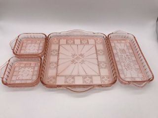 Vtg Jeannette Doric Pink Depression Glass Square Serving Relish Tray W/ Handles