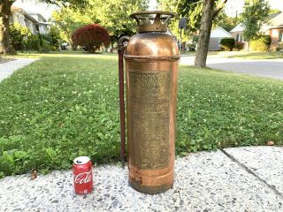 Vtg Essanay Copper & Brass Fire Extinguisher 24” Tall 2 1/2 Gallon Pyrene Mfg Co