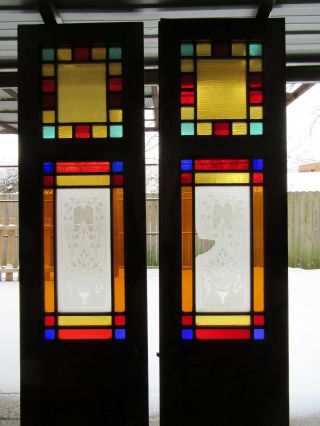 Antique Oak Stained Glass Double Entrance French Doors 52 X 103 Salvage