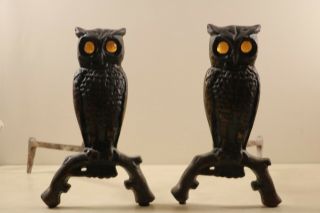 Antique Cast Iron Figural Owl Andirons Fireplace Decorations Amber Glass Eyes