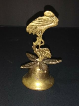 Vintage Brass Bell Heron Stork Crane Perched Amid Flowers On Bloom / Lily Pad 4 "