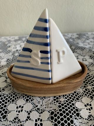 Nautical Whimsy Sailboat Salt And Pepper Shakers In Wooden Boat