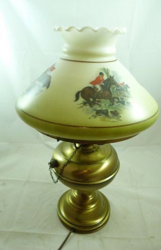 Vintage Frosted Glass Horse Jockey Shade & Brass Hurricane Lamp Table Light
