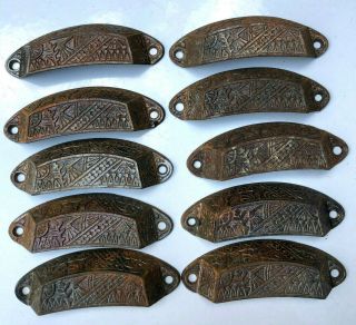 Set Of 10 Vintage Cast Iron Bin Drawer Pulls,  Eastlake Victorian Antique