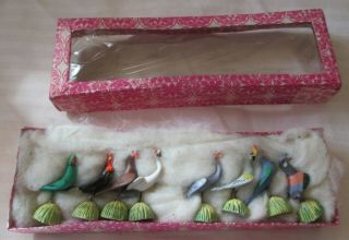 Box Of Vintage Micro Miniature Set Of 8 Delicate Colorful Hand Painted Birds