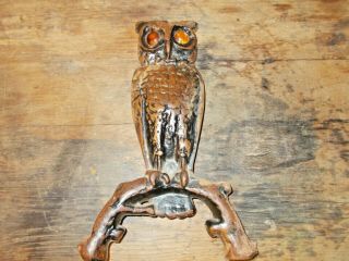 Vintage Antique Cast Iron Owl Fireplace Andiron - Yellow Glass Eyes