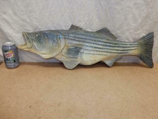 Striped Bass Wooden Hand Carved & Painted - Signed B.  Martin - Chainsaw - 28x9 Inches