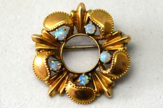 Antique Victorian 10k Solid Gold And Natural Opal Filigree Pin / Brooch
