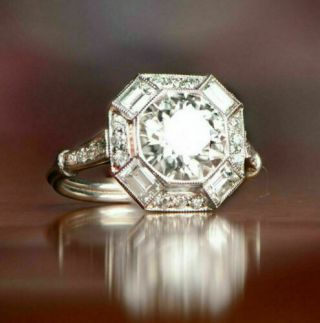 Art Deco Vintage Engagement Wedding Ring 2.  3ct Emerald Cut Diamond 14k Gold Over