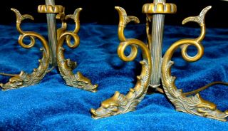 Very Rare French Antique Bronze Table Lamps Dolphins By Le Verrier