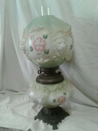 Vintage Hurricane Lions Head Green & White Parlor Lamp Gwtw Hand Painted