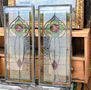 Antique Vintage Reclaimed Rose Stained Glass Window Panel Decorative Pair Large