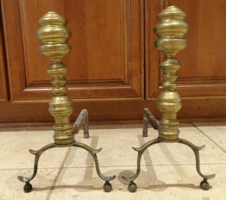 Antique Federal Brass & Wrought Iron Andirons Matching Pair 15 " Tall