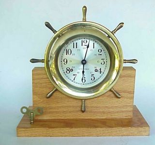 Very Vintage Seth Thomas Brass Ship Clock W Ships Bells On Oak Stand