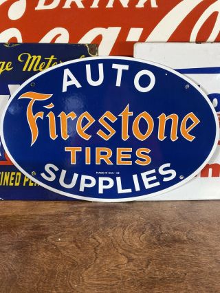 Large Vintage 53  Firestone Tires  Porcelain Dealer Sign 16.  5x11 Inch