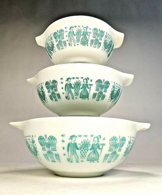 Vtg Pyrex Amish Butterprint Turquoise Cinderella Mixing Bowls - Nesting Set Of 3