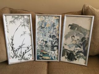 3 Signed Vintage Japanese Watercolor On Silk,  Bamboo Frame
