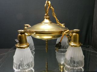 Vintage Art Deco 4 Arm Brass Ceiling Light Chandelier Fixture With Glass Shades