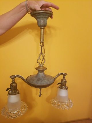 Antique Early 20th Century Victorian Art Deco Brass Pan Light Chandelier