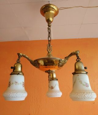 Antique Brass Pan Chandelier Ceiling Light,  3 Arm Glass Shades Victorian Nouveau