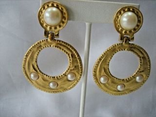 Vintage Signed Givenchy Paris York Statment Faux Pearl Clip - On Earrings