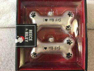 Christmas Ornaments Set Of 2 Glass Silver Dog Bones I Love My Dog Max2733
