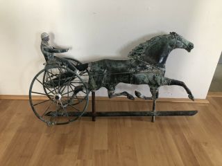 Antique Copper Sulky Jockey Horse Carriage Buggy Weathervane Patina