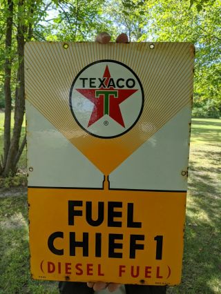 Large Vintage Dated 1962 Texaco Fuel Chief Gasoline Porcelain Gas Station Sign