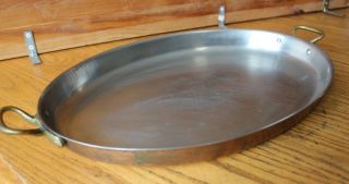 Copper & Stainless Steel Fish Roast Pan Brass Handles Vintage 18 - 1/2 " X 13 " Oval