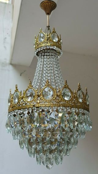 Antique Vintage Brass & Crystals Large French Chandelier Lighting Ceiling Lamp