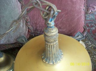 Antique 1920 ' s Chain & Pan 4 Light Hanging Chandelier Brass Lighting Fixture 2