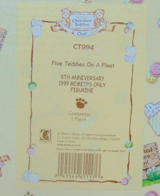 Cherished Teddies MIB CT994 Five On a Float - 5th Anniv 1999 Members Only Fig 3