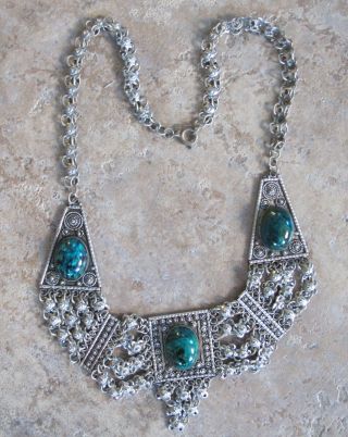 Vintage Native American Sterling Silver And Natural Turquoise Necklace