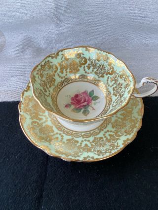 Vintage Paragon Green Teacup & Saucer Large Pink Cabbage Rose Fancy Gold