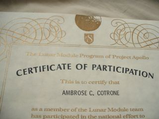 Rare Apollo 11 Lunar Module LEM Grumman Signed Embossed Certificate 2