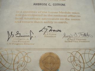 Rare Apollo 11 Lunar Module LEM Grumman Signed Embossed Certificate 3