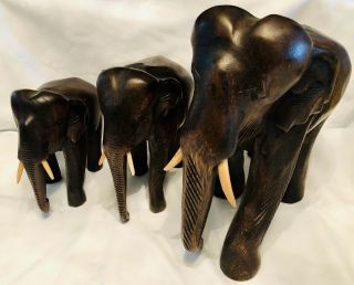 Set Of 3 Vintage Hand Carved Wooden Asian Elephants