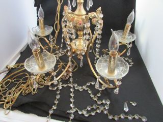 Vintage Brass/bronze And Crystal Chandelier 5 Arm 5 Light Glass Crystals