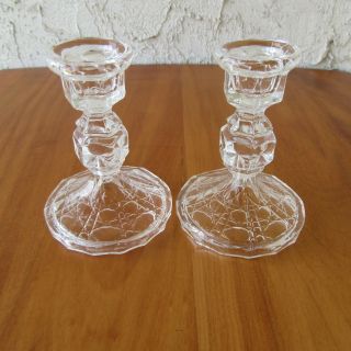 Vintage Clear Pressed Glass Candlesticks 4 " Tall Set Of 2