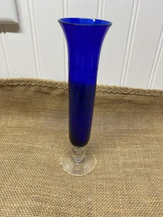 Vintage Blue Etched Glass Bud Vase With Design And Dots 8 " Tall