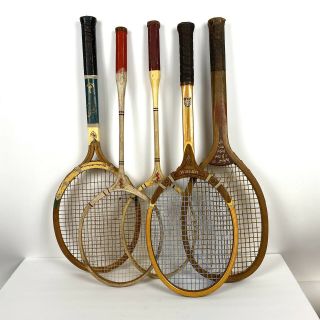 Set Of 5 Vintage Antique Tennis Rackets Raquets Imperial Wright Ditson Crown