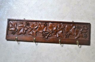 LOVELY ANTIQUE Arts & Crafts Style HANDCARVED WOOD WALL HANGING COAT HAT RACK 2