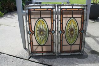Antique Reclaimed Stained Glass Panels Hand Painted Sun In Centre 10 X 18 Inches