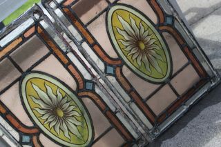 ANTIQUE RECLAIMED STAINED GLASS PANELS HAND PAINTED SUN IN CENTRE 10 X 18 INCHES 2