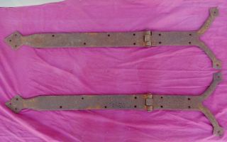 Huge Pair Handwrought Antique Fancy Wrought Iron Hinges 47 " X 14 "