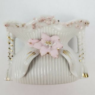 Vintage Small White Porcelain Vase Delicate Applied Pink Flower Gold Trim Unique