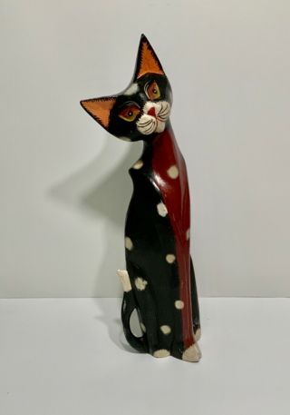Vintage Large Folk Art Carved Wood Cat Figurine
